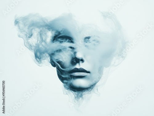 Abstract portrait of a woman's face partially obscured by swirling blue smoke.