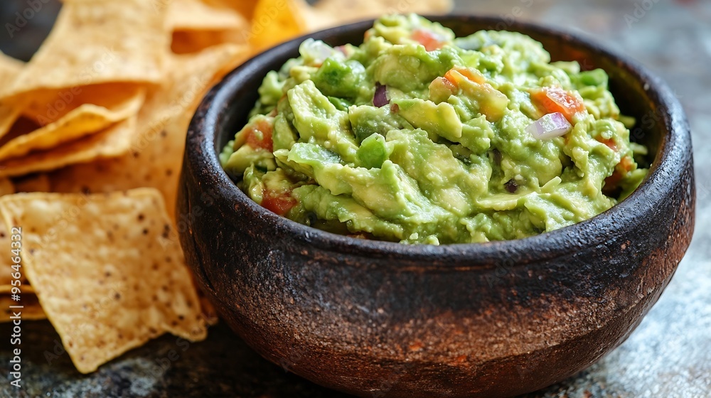 Bowl of guacamole and chips isolated on white background : Generative AI Bowl of guacamole and chips isolated on white background : Generative AI