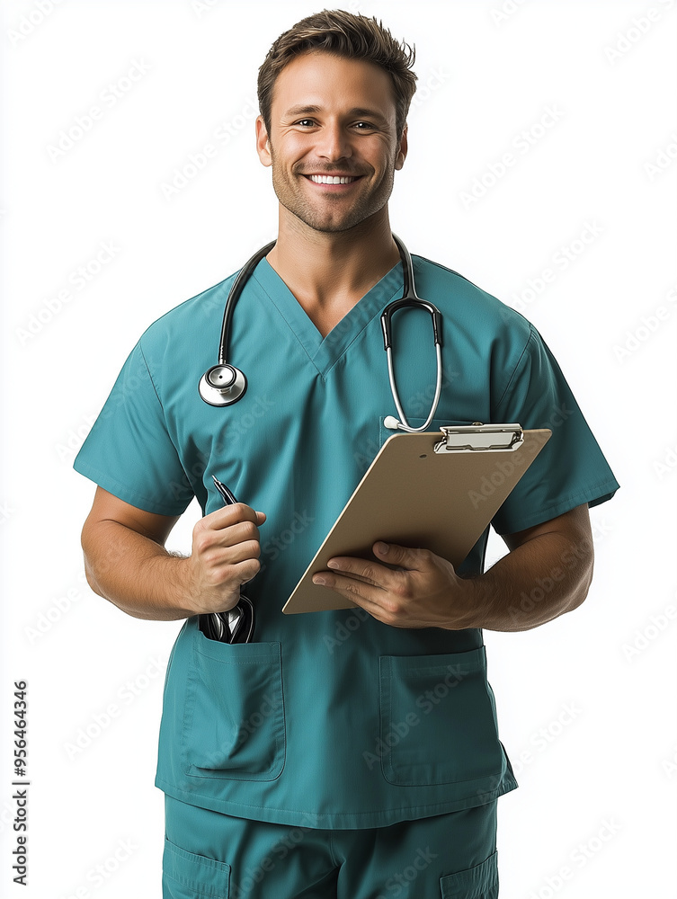 A male nurse in scrubs with a stethoscope around his neck, holding a clipboard and smiling, isolated on a white background A male nurse in scrubs with a stethoscope around his neck, holding a clipboard and smiling, isolated on a white background
