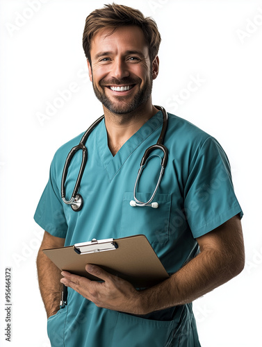 A male nurse in scrubs with...