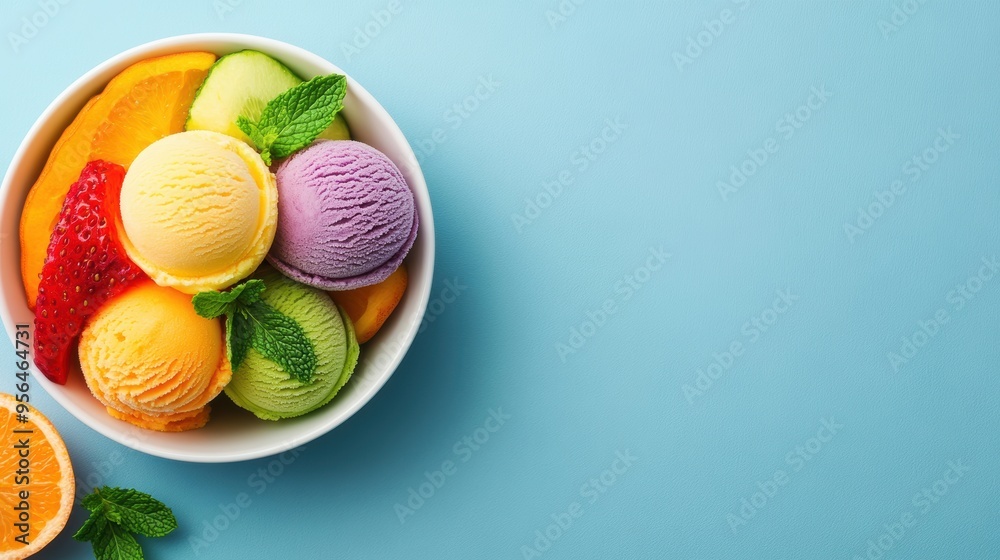 a bowl of vibrant fruit sorbet scoops in a variety of flavors, with mint leaves and fresh fruit slices as garnish, a refreshing summer vibe a bowl of vibrant fruit sorbet scoops in a variety of flavors, with mint leaves and fresh fruit slices as garnish, a refreshing summer vibe