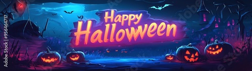 A festive "Happy Halloween" banner with stylized text, jack-o'-lanterns, bats, and a spooky nighttime background with eerie trees and a full moon.