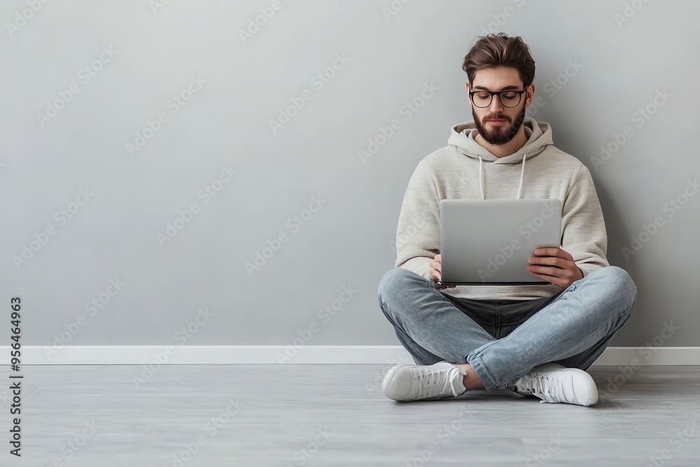Man sitting cross-legged using laptop in minimalist setting Man sitting cross-legged using laptop in minimalist setting