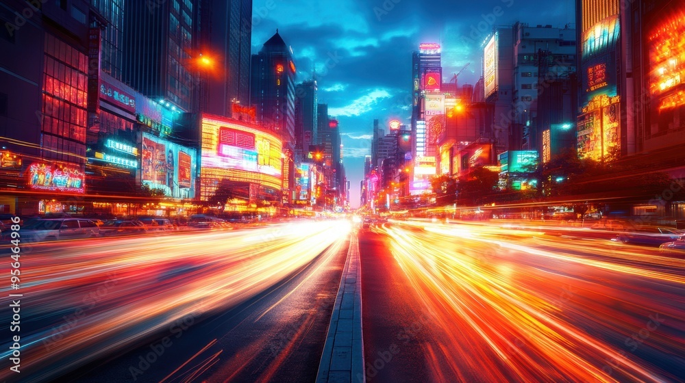 a bustling city street at night with neon signs and blurred car lights, capturing the vibrancy of urban life a bustling city street at night with neon signs and blurred car lights, capturing the vibrancy of urban life