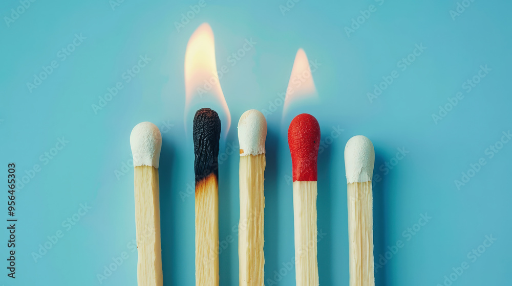 Group of different matches, some burning, pastel blue background, leadership, idea generation, teamwork. Generative AI Group of different matches, some burning, pastel blue background, leadership, idea generation, teamwork. Generative AI