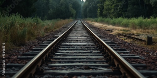 A straight and empty railway track cutting through lush greenery with bushes on both sides, stretching towards the horizon, conveying a sense of journey and solitude.