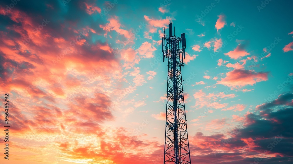 Telecommunications Tower Against Sunset Sky with Antenna. AI generated illustration Telecommunications Tower Against Sunset Sky with Antenna. AI generated illustration