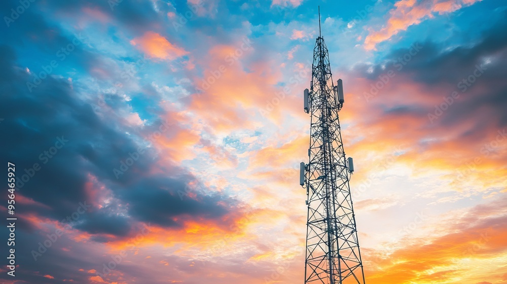 Telecommunications Tower Against Sunset Sky with Antenna. AI generated illustration Telecommunications Tower Against Sunset Sky with Antenna. AI generated illustration