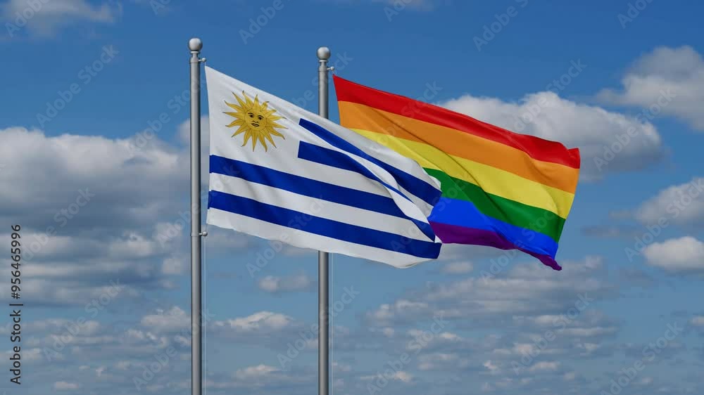 LGBT movement flag also Gay Pride and Uruguay two flags waving cycle looped video, tolerance conception in country