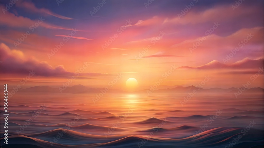 Obraz premium Serene sunset over calm ocean waves, tranquil mood, representing peace and nature, warm pastel colors with copy space