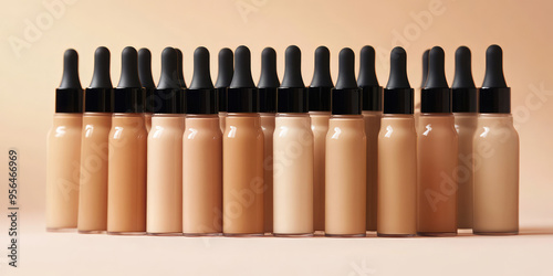 Cosmetic foundation cream bottles of different skin tone colors on simple background with copy space. Packaging template