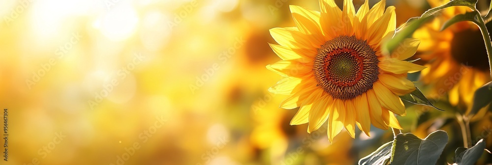 Fototapeta premium Sunflower in the Sun with Golden Yellow Color and Blurred Background. AI generated illustration.