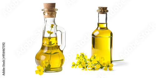 Glass Bottle of Oil with Yellow Flowers on a transparent background photo