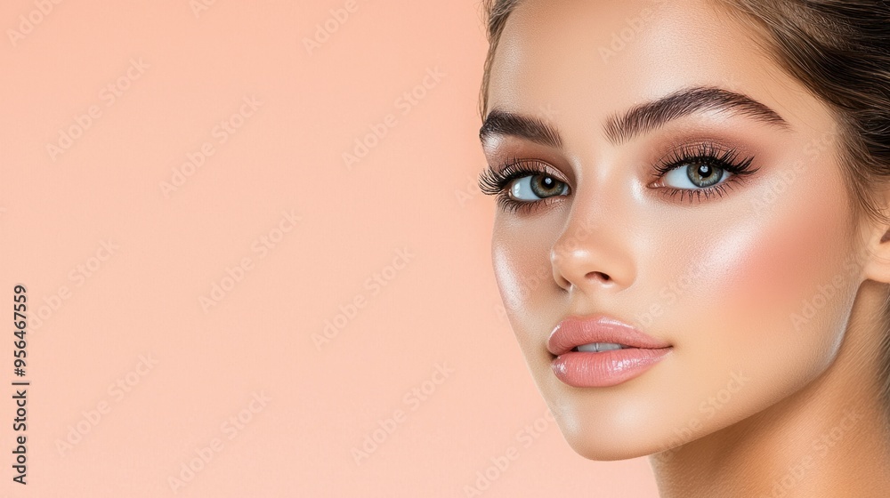 Fototapeta premium Radiant Elegance: Stunning Headshot of a Sophisticated Model with Opulent Makeup on a Clean Background