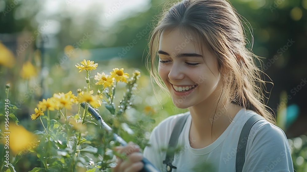 Naklejka premium smiling young woman gardener watering flowers in garden with hose Hobby concept of growing and taking care of plants : Generative AI