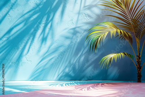 stock photo features a minimalist, generative concept with palm leaves casting shadows on a blue wall and pastel floor, creating a summer tropical beach background in an empty room ideal for product p photo