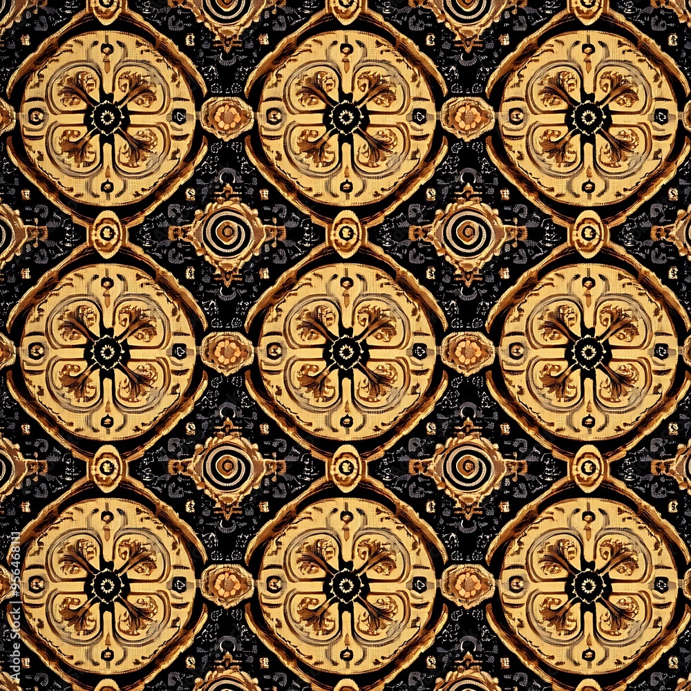 Golden Renaissance: A seamless pattern of ornate, gold and black, floral-inspired motifs evokes the grandeur of Renaissance art. Golden Renaissance: A seamless pattern of ornate, gold and black, floral-inspired motifs evokes the grandeur of Renaissance art.