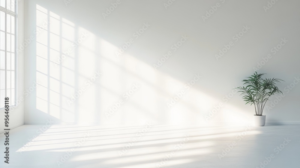 Obraz premium Minimalist scenes, with sharp diagonal shadows and light and shadow patterns on the white walls, create a peaceful and tranquil atmosphere, and modern aesthetics highlight tranquility.