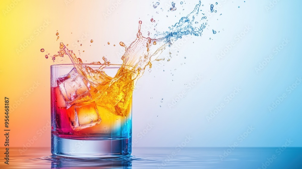 a close-up shot of a vibrant cocktail being poured into a glass, with ice cubes clinking and the liquid splashing elegantly a close-up shot of a vibrant cocktail being poured into a glass, with ice cubes clinking and the liquid splashing elegantly