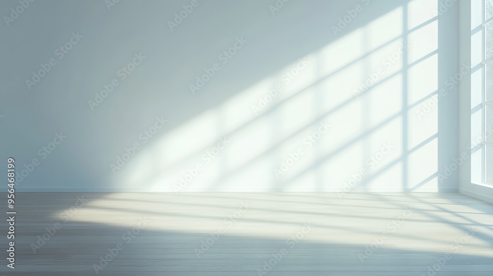 Obraz premium Minimalist scenes, with sharp diagonal shadows and light and shadow patterns on the white walls, create a peaceful and tranquil atmosphere, and modern aesthetics highlight tranquility.