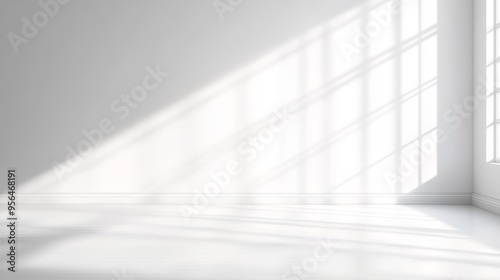 Minimalist scenes, with sharp diagonal shadows and light and shadow patterns on the white walls, create a peaceful and tranquil atmosphere, and modern aesthetics highlight tranquility.