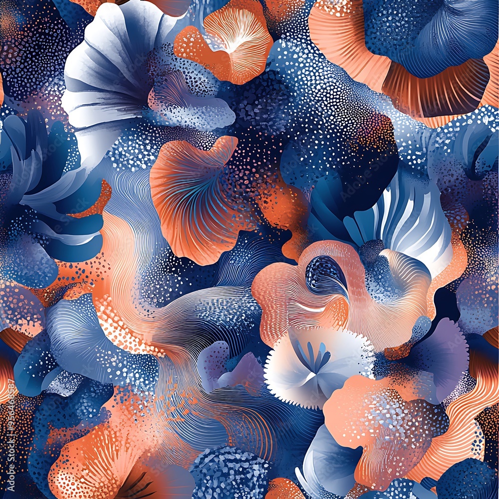 Abstract Floral in Blue and Orange: A seamless pattern of stylized flowers, reminiscent of coral reefs, in a palette of deep blues and soft oranges. The design features a subtle textured effect, evoki