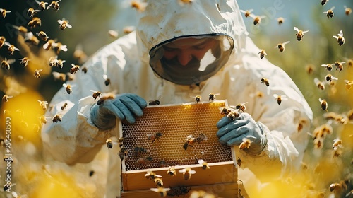Anonymous honey farmer in protective suit and gloves taking honeycomb with bees from box while working in apiary : Generative AI