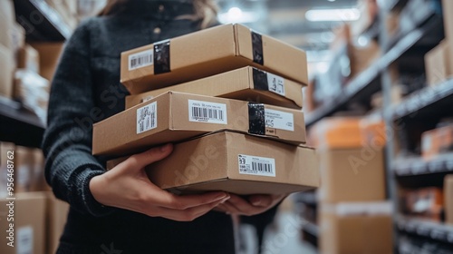 A close-up of a shopper's hand holding a stack of discounted electronics boxes, with Black Friday tags prominently displayed. The background is clean and minimalistic. photo