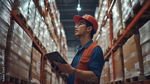 Men tablet and inspection for stock in warehouse with teamwork inventory check and logistics business Quality assurance tech and team discussion in factory for export industry and ecom : Generative AI photo