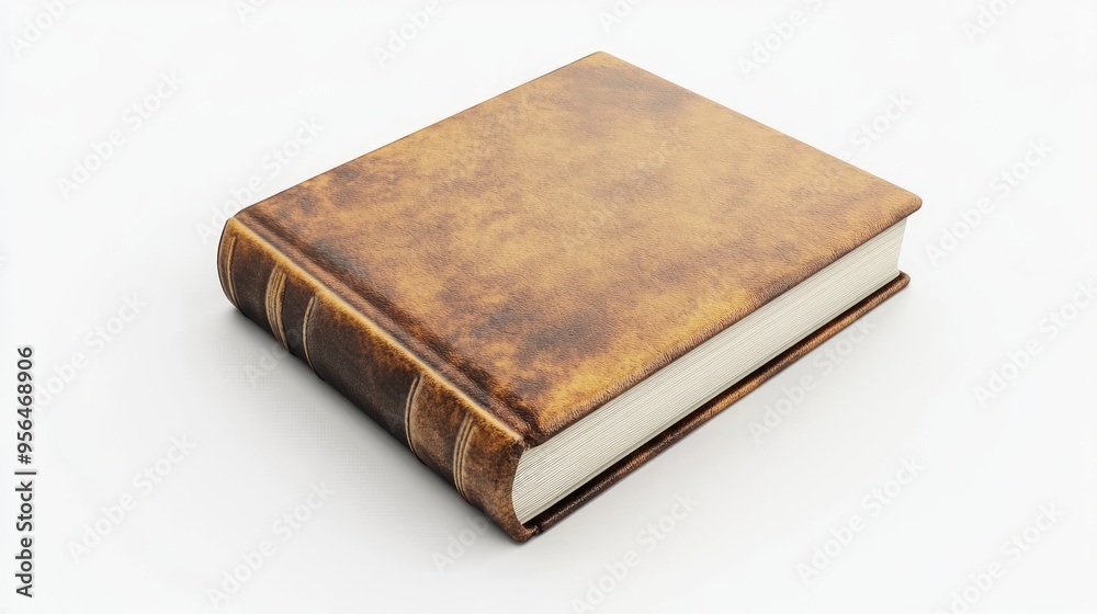 A single brown leather-bound book on a white background. A single brown leather-bound book on a white background.