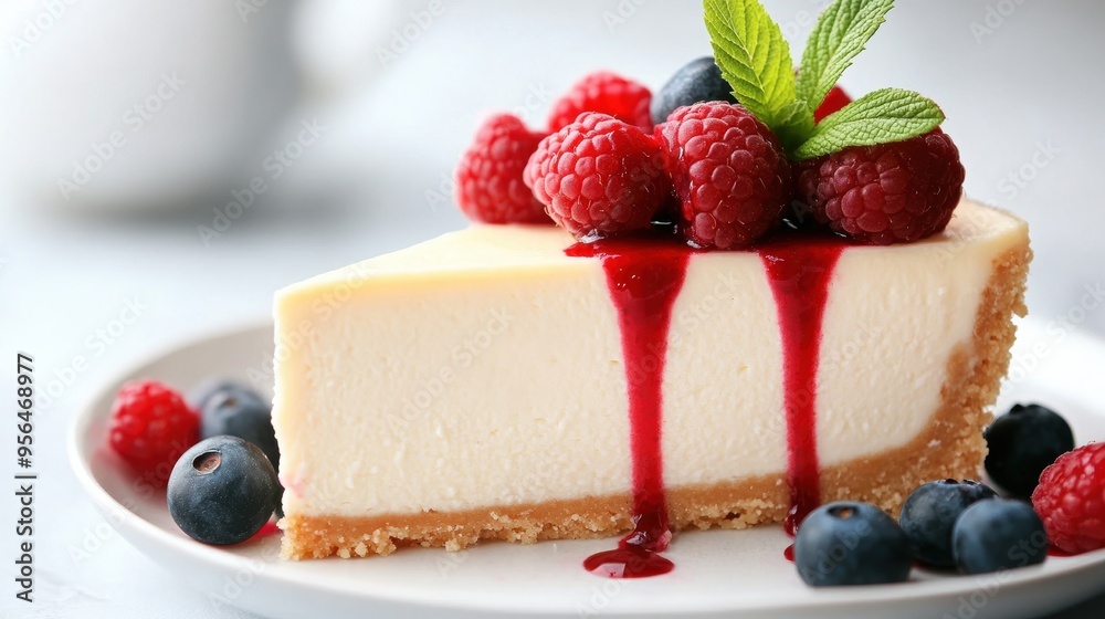 a close-up view of a slice of creamy cheesecake topped with fresh berries and a drizzle of raspberry sauce, highlighting the rich textures and colors a close-up view of a slice of creamy cheesecake topped with fresh berries and a drizzle of raspberry sauce, highlighting the rich textures and colors