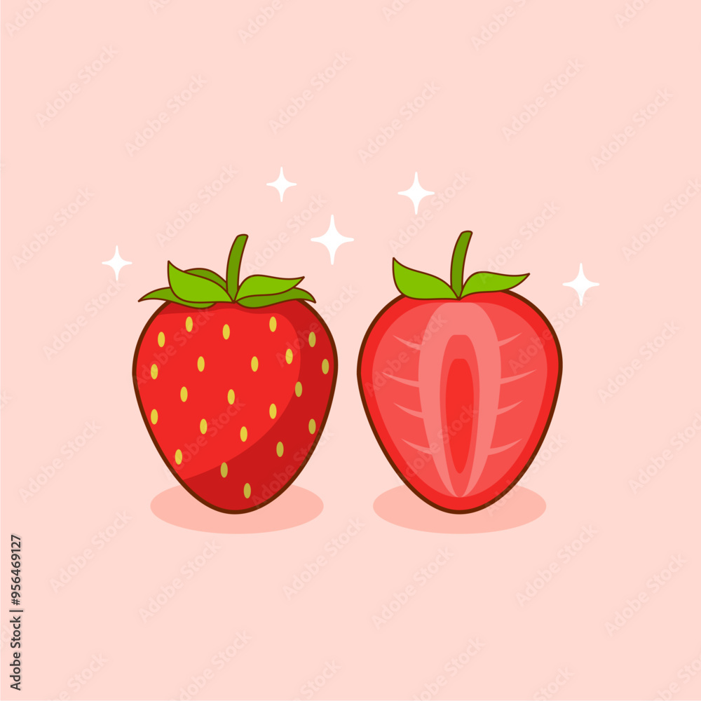 Strawberry fruit and half of strawberry flat illustration