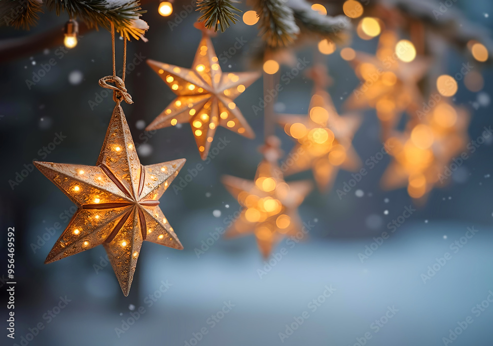 Golden illuminated Christmas stars decoration hanging on winter background