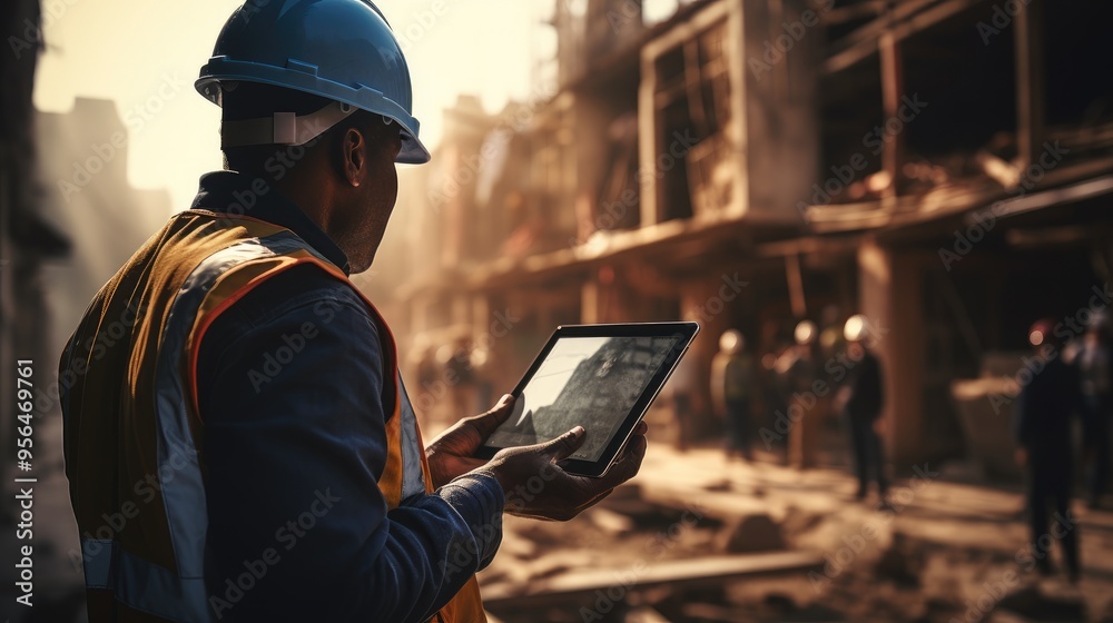 Construction Worker Using Tablet on Site with Building Framework in Background During Daytime Construction Worker Using Tablet on Site with Building Framework in Background During Daytime