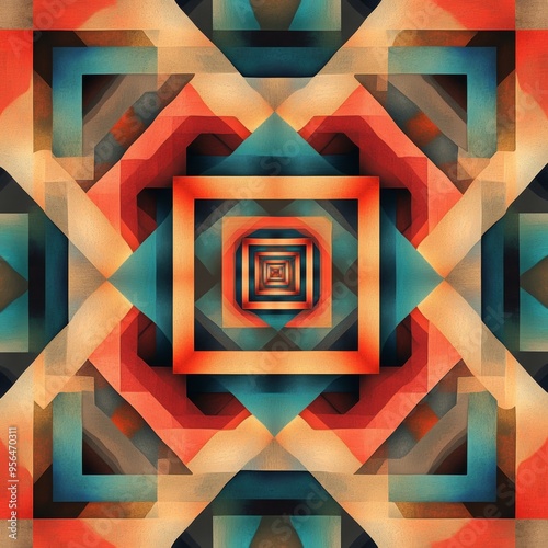 Geometric Tapestry: A vibrant, abstract artwork of a geometric pattern with a central point of perspective, evoking a sense of depth and illusion. The warm and cool tones create a harmonious and mesme photo