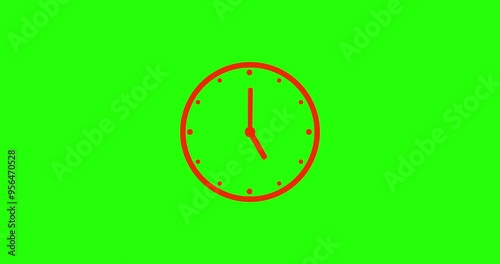 Animation time lapse of a clock. Red  clock hands on green clock face. Time pointer ticks in 12 hour time loop. Concept Wall clock on green background with copy space. Countdown the day. Vertical