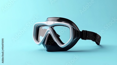 A black and white scuba diving mask isolated on a blue background. photo