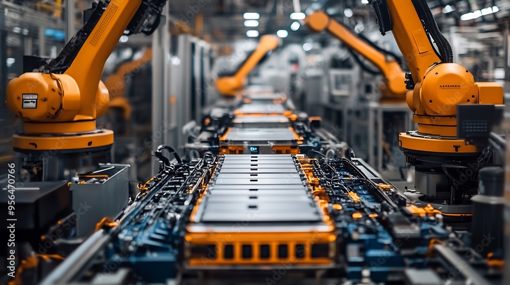EV Battery Pack on Production Line Equipped with Robot Arms inside Modern Factory Battery for Automotive Industry Lithiumion Highvoltage Battery for Electric Vehicle or Hybrid Car Manu : Generative AI EV Battery Pack on Production Line Equipped with Robot Arms inside Modern Factory Battery for Automotive Industry Lithiumion Highvoltage Battery for Electric Vehicle or Hybrid Car Manu : Generative AI