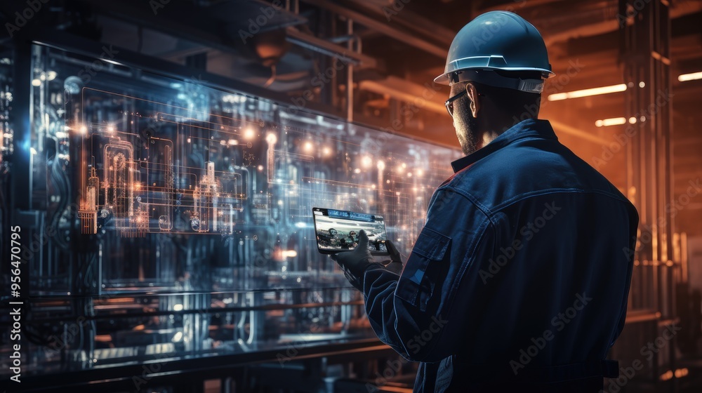 Engineer Using Digital Tablet for Industrial Automation in Modern Factory with Advanced Technology and Machinery Engineer Using Digital Tablet for Industrial Automation in Modern Factory with Advanced Technology and Machinery