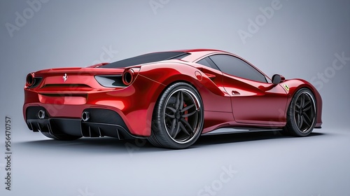 A sleek red sports car with black wheels sits on a gray background.