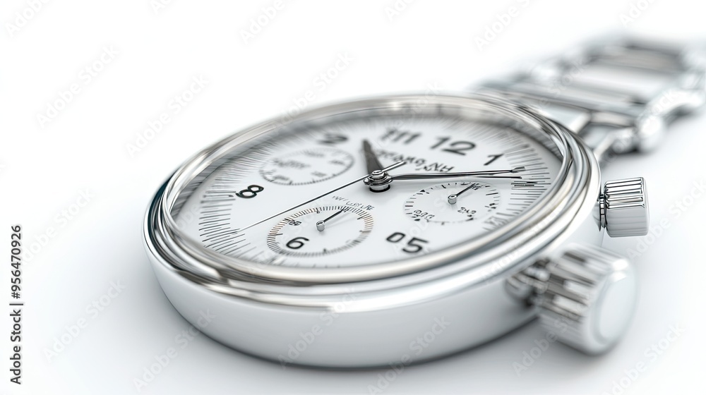 A close-up of a silver wristwatch with a white face and black numbers. A close-up of a silver wristwatch with a white face and black numbers.