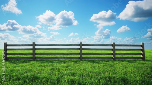 Scenic Countryside Landscape with Wooden Fence and Green Grass Under a Blue Sky with Fluffy Clouds