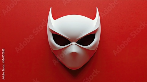 White superhero mask with black eyes on red background.