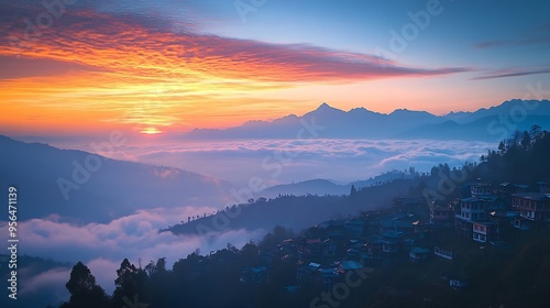 sunrise view from tiger hill in darjeeling : Generative AI photo