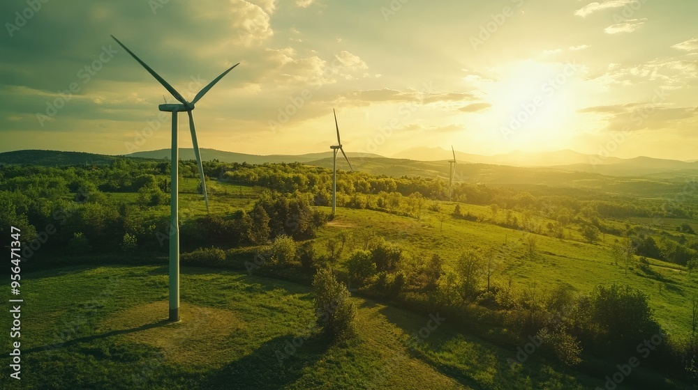 Obraz premium Scenic Landscape with Wind Turbines at Sunset in a Green Field with Rolling Hills and a Golden Sky