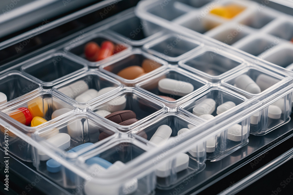 Pill box with many different medical pills Pill box with many different medical pills