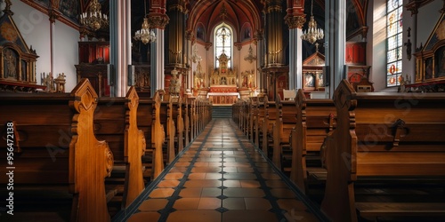 The interior of an ornate church is adorned with wooden pews, intricate decorations, and stained-glass windows, highlighting its sacred and historical ambiance for worship and contemplation.