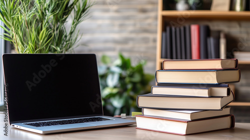 Stos książek na biurku, obok którego znajduje się laptop, symbolizuje połączenie tradycyjnej wiedzy z nowoczesnym e-learningiem.  photo