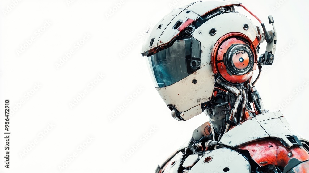 A close-up of a robot's head, showing intricate details of its mechanical design. A close-up of a robot's head, showing intricate details of its mechanical design.