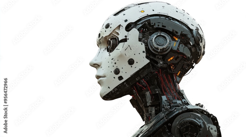 Close-up of a robotic head, showing intricate mechanical details. Close-up of a robotic head, showing intricate mechanical details.